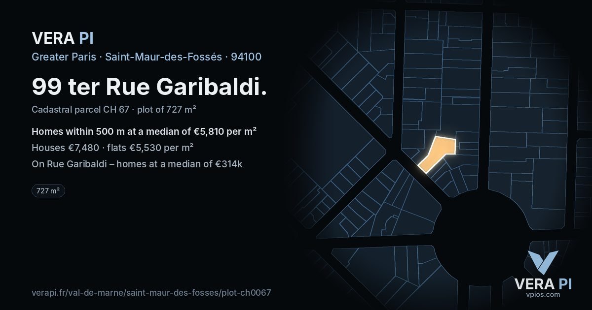 99 ter Rue Garibaldi, Saint-Maur-des-Fossés at night – the plot lit, the parcels around coloured by the prices near them
