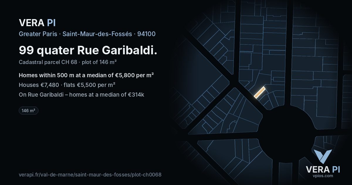 99 quater Rue Garibaldi, Saint-Maur-des-Fossés at night – the plot lit, the parcels around coloured by the prices near them