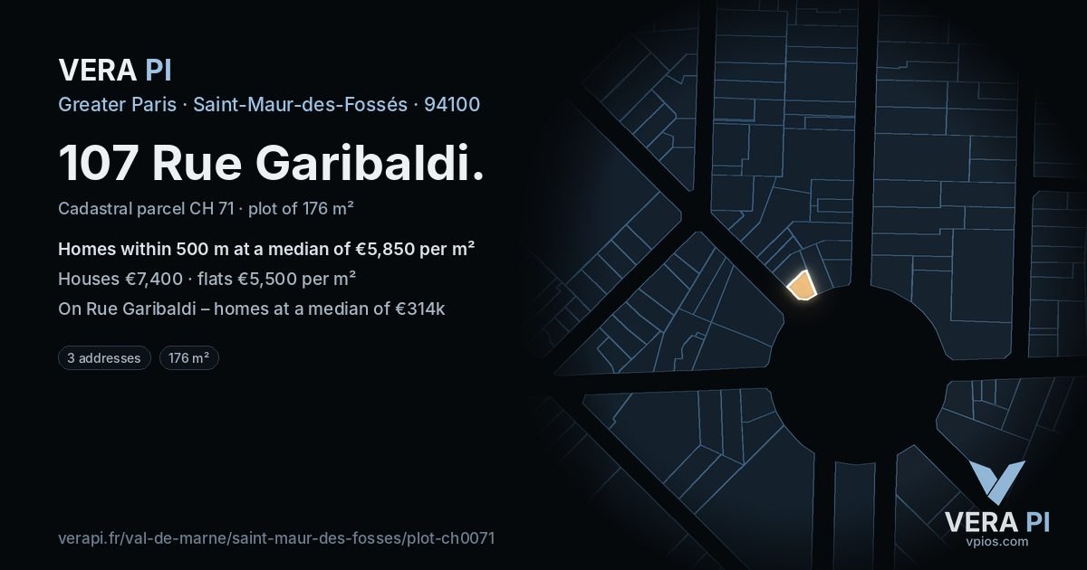 107 Rue Garibaldi, Saint-Maur-des-Fossés at night – the plot lit, the parcels around coloured by the prices near them