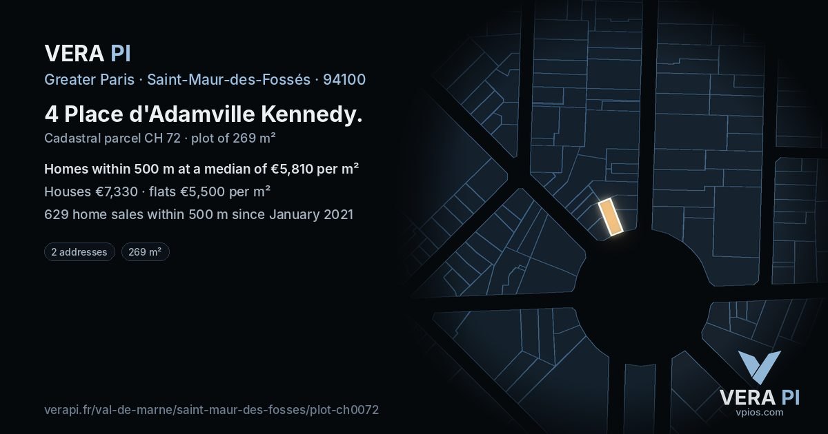 4 Place d'Adamville Kennedy, Saint-Maur-des-Fossés at night – the plot lit, the parcels around coloured by the prices near them