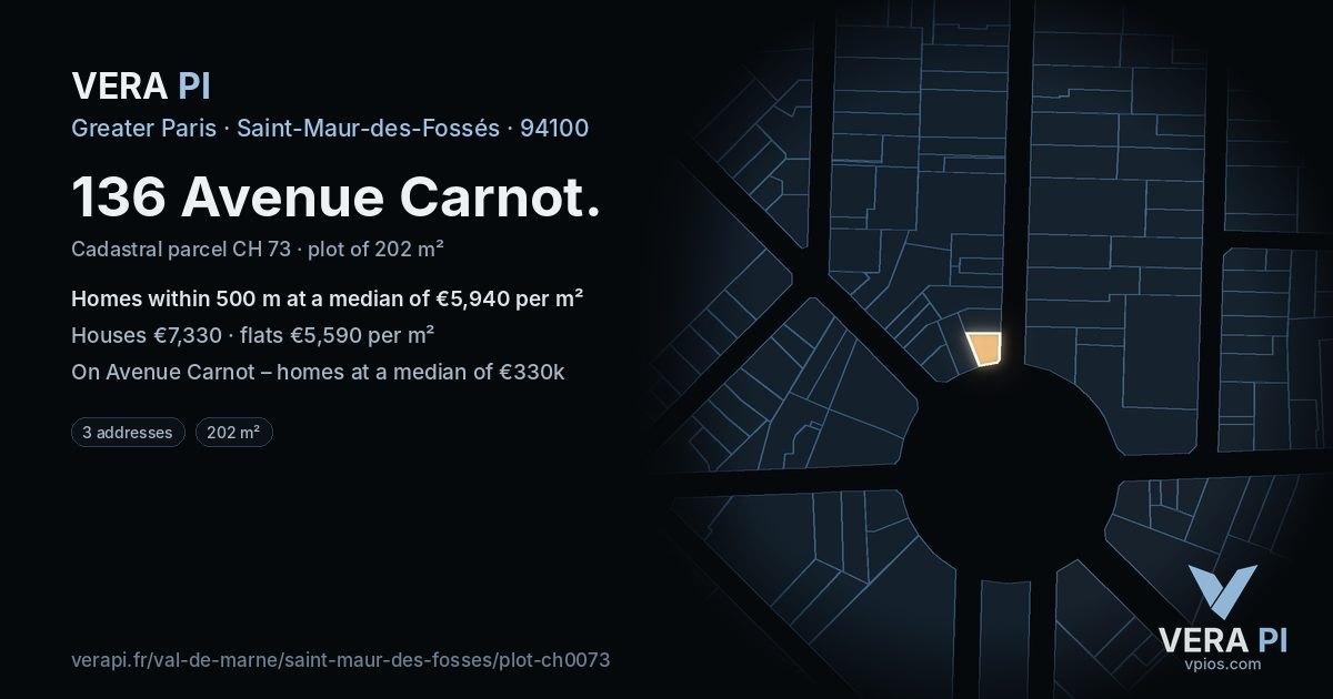 136 Avenue Carnot, Saint-Maur-des-Fossés at night – the plot lit, the parcels around coloured by the prices near them