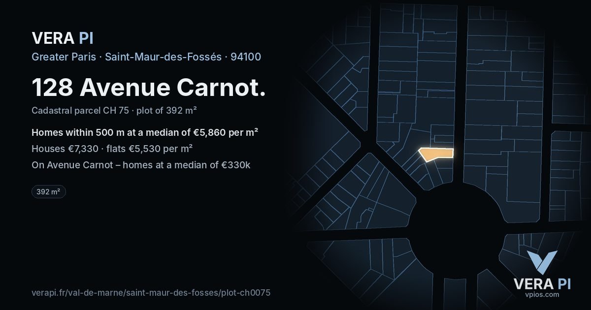 128 Avenue Carnot, Saint-Maur-des-Fossés at night – the plot lit, the parcels around coloured by the prices near them