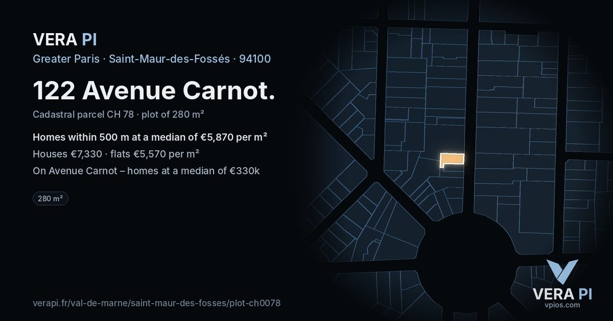 122 Avenue Carnot, Saint-Maur-des-Fossés at night – the plot lit, the parcels around coloured by the prices near them