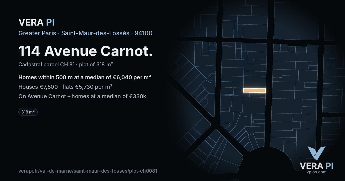 114 Avenue Carnot, Saint-Maur-des-Fossés at night – the plot lit, the parcels around coloured by the prices near them