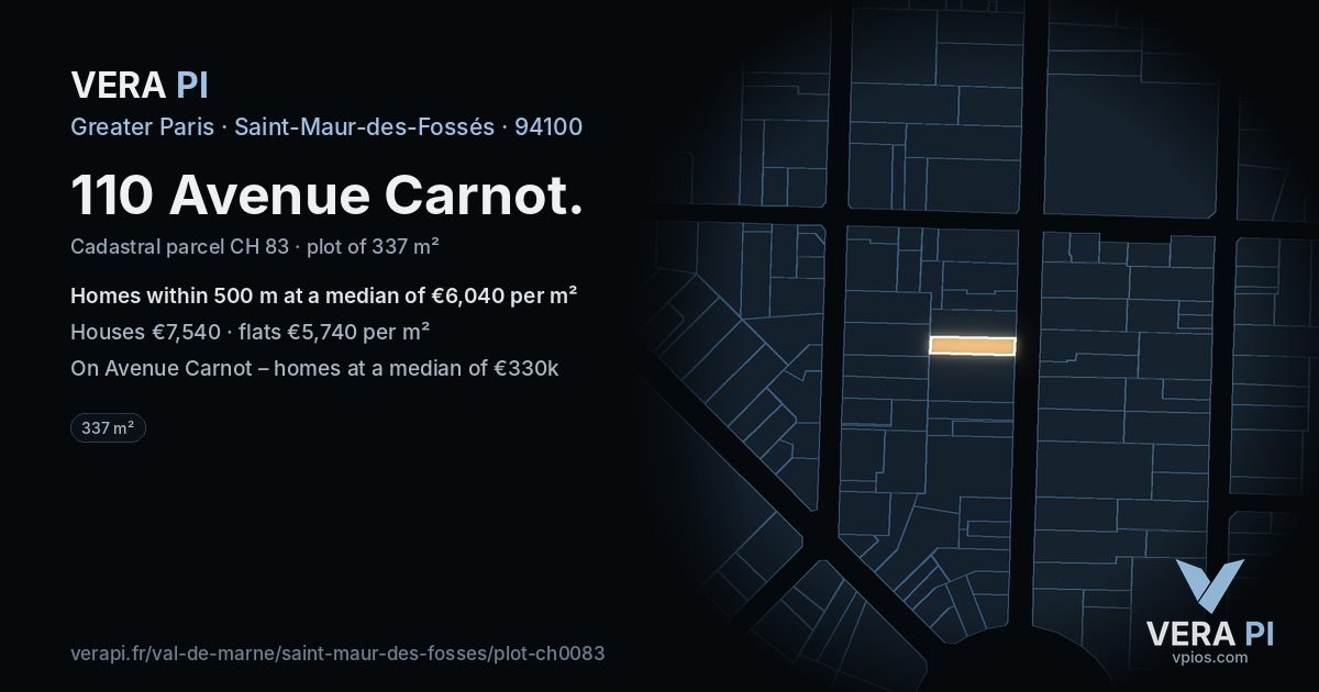 110 Avenue Carnot, Saint-Maur-des-Fossés at night – the plot lit, the parcels around coloured by the prices near them