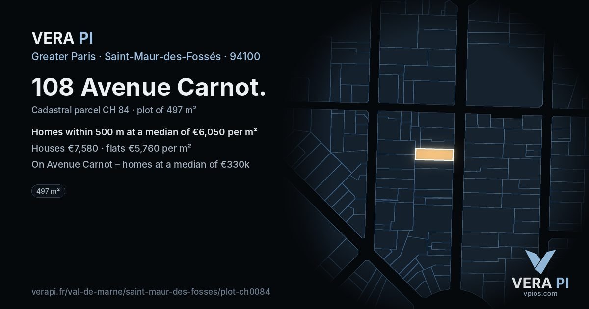 108 Avenue Carnot, Saint-Maur-des-Fossés at night – the plot lit, the parcels around coloured by the prices near them