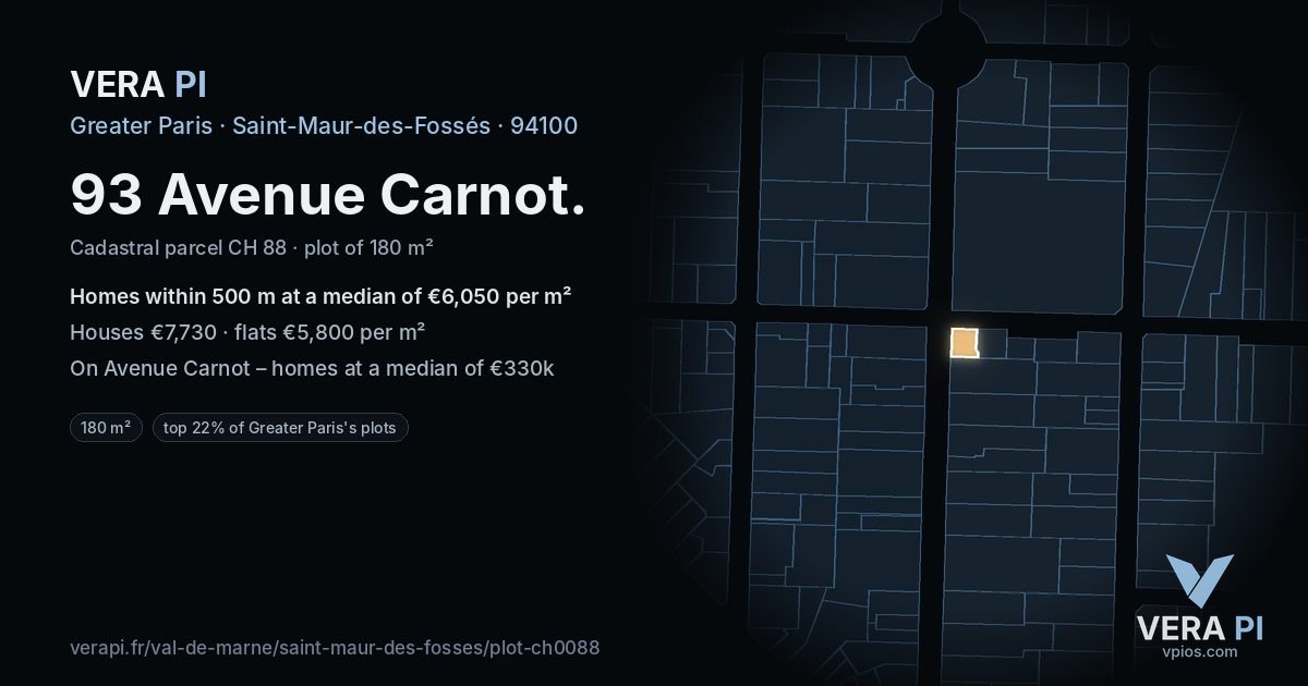 93 Avenue Carnot, Saint-Maur-des-Fossés at night – the plot lit, the parcels around coloured by the prices near them