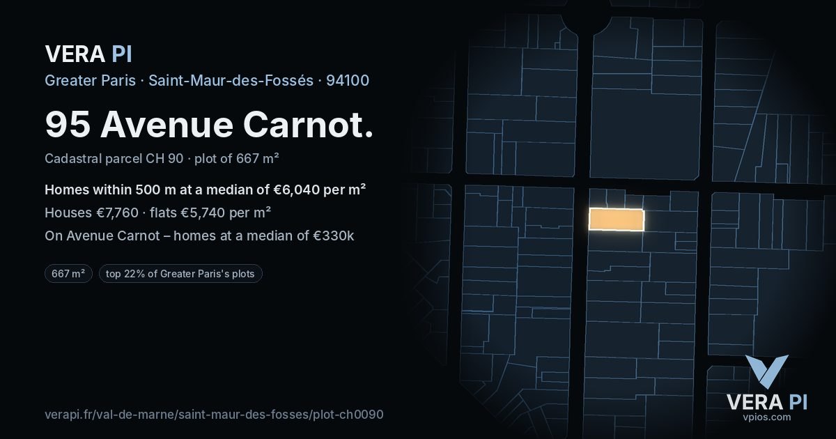 95 Avenue Carnot, Saint-Maur-des-Fossés at night – the plot lit, the parcels around coloured by the prices near them