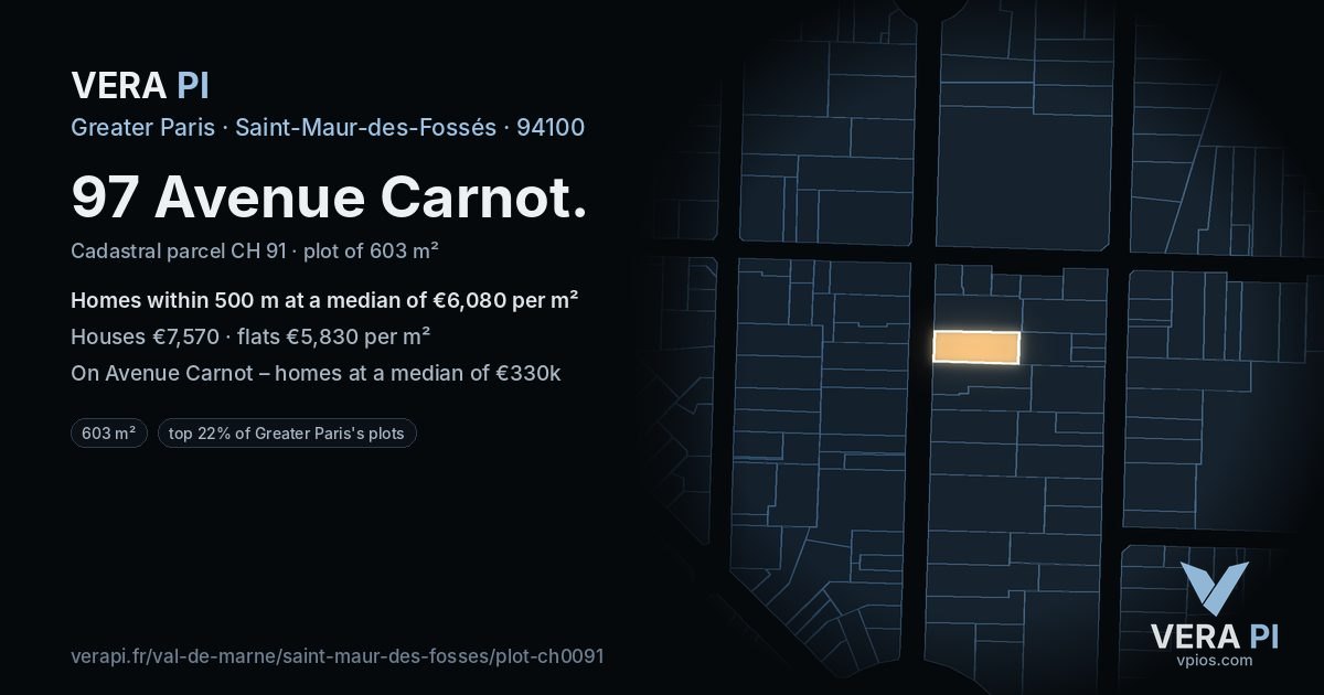 97 Avenue Carnot, Saint-Maur-des-Fossés at night – the plot lit, the parcels around coloured by the prices near them