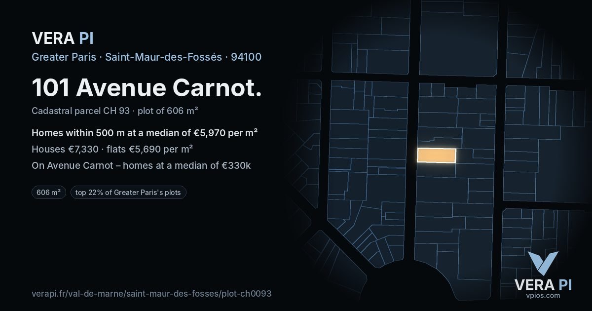 101 Avenue Carnot, Saint-Maur-des-Fossés at night – the plot lit, the parcels around coloured by the prices near them