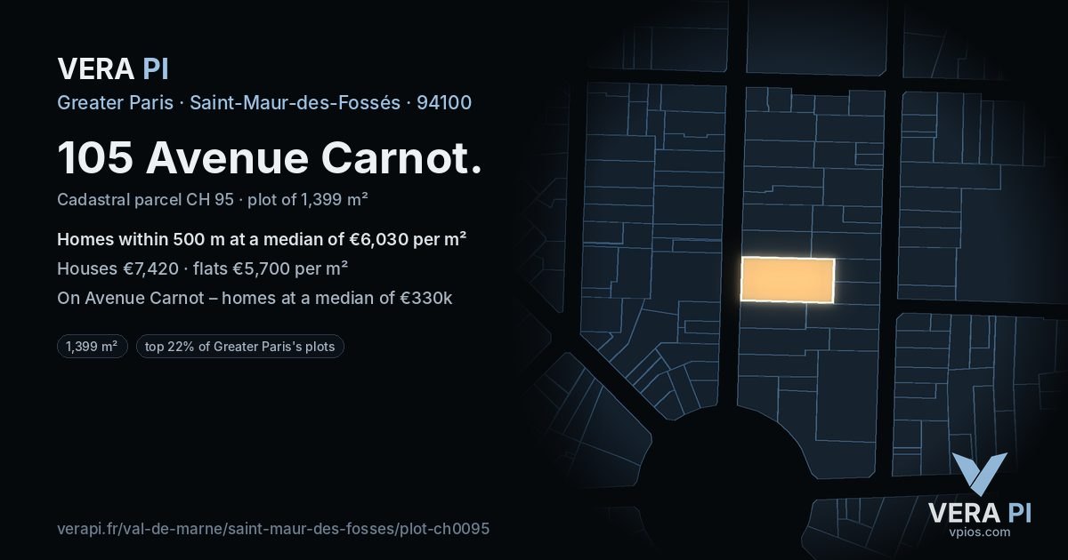 105 Avenue Carnot, Saint-Maur-des-Fossés at night – the plot lit, the parcels around coloured by the prices near them