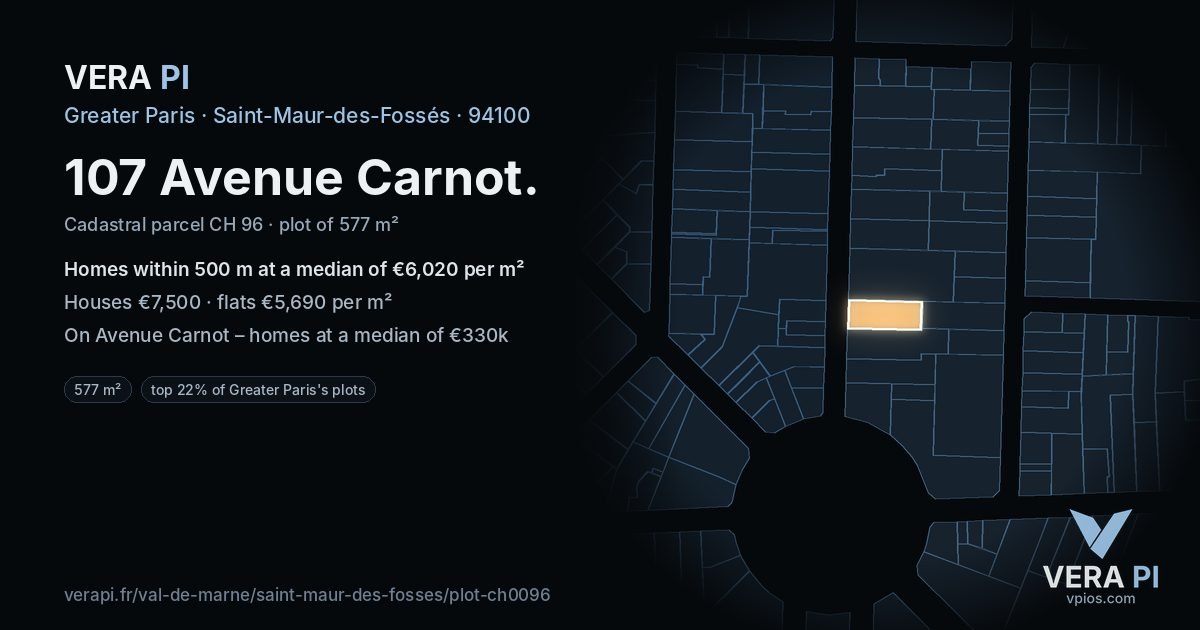 107 Avenue Carnot, Saint-Maur-des-Fossés at night – the plot lit, the parcels around coloured by the prices near them