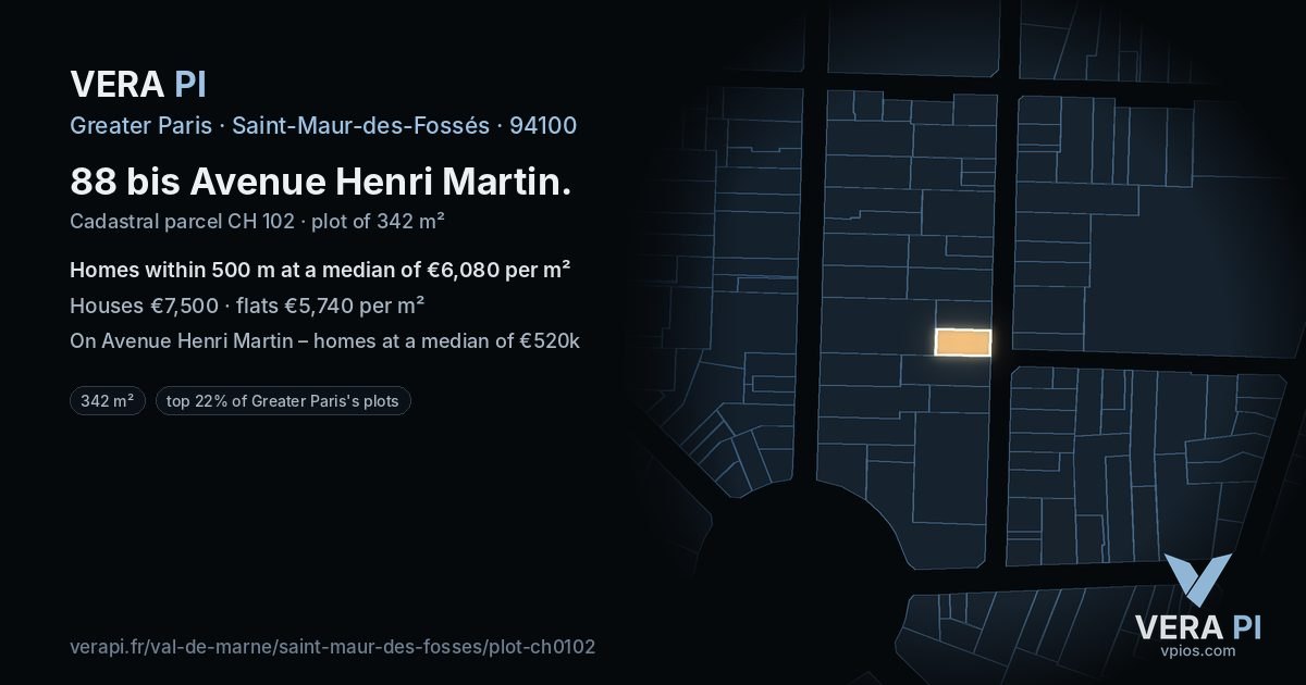 88 bis Avenue Henri Martin, Saint-Maur-des-Fossés at night – the plot lit, the parcels around coloured by the prices near them