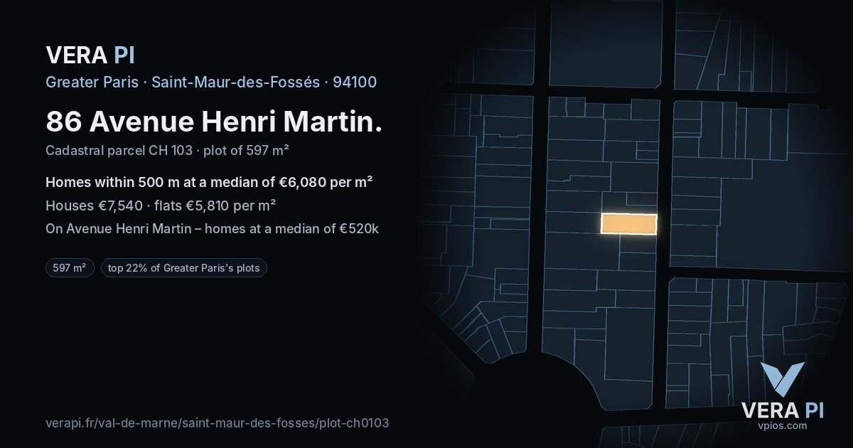 86 Avenue Henri Martin, Saint-Maur-des-Fossés at night – the plot lit, the parcels around coloured by the prices near them
