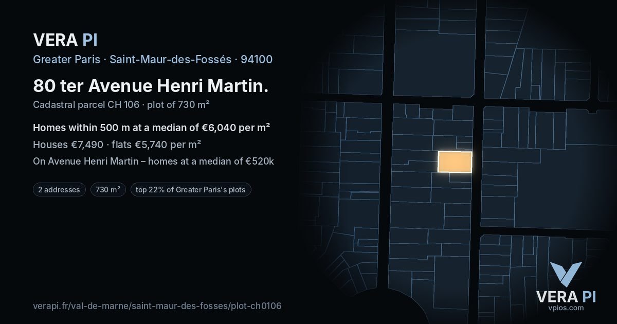 80 ter Avenue Henri Martin, Saint-Maur-des-Fossés at night – the plot lit, the parcels around coloured by the prices near them