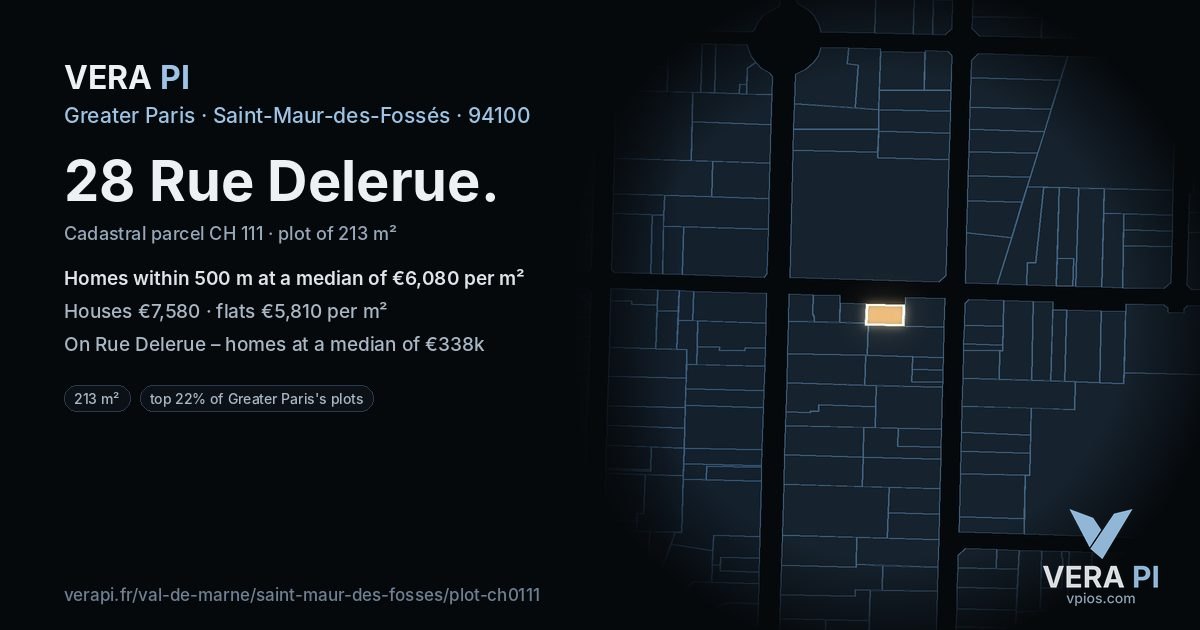 28 Rue Delerue, Saint-Maur-des-Fossés at night – the plot lit, the parcels around coloured by the prices near them