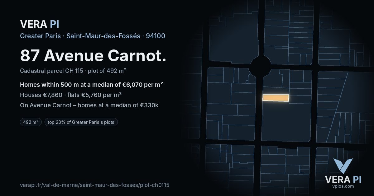 87 Avenue Carnot, Saint-Maur-des-Fossés at night – the plot lit, the parcels around coloured by the prices near them