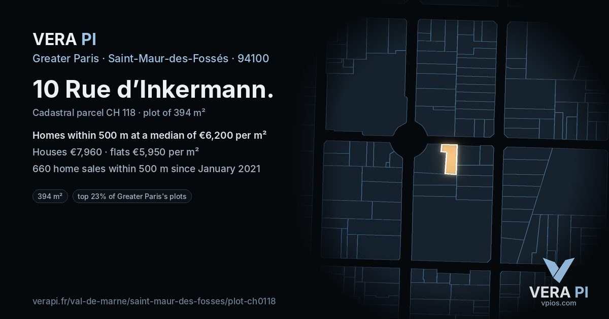 10 Rue d’Inkermann, Saint-Maur-des-Fossés at night – the plot lit, the parcels around coloured by the prices near them