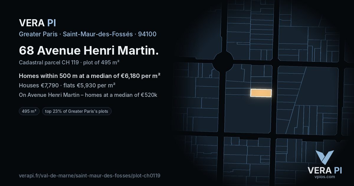 68 Avenue Henri Martin, Saint-Maur-des-Fossés at night – the plot lit, the parcels around coloured by the prices near them