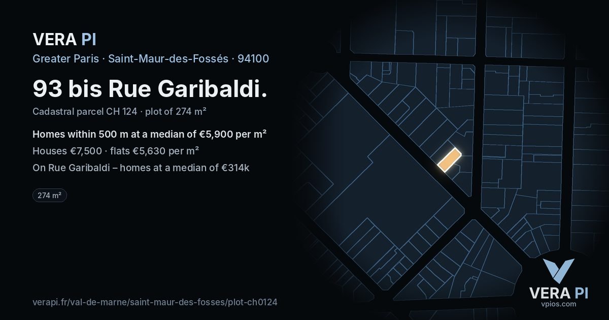 93 bis Rue Garibaldi, Saint-Maur-des-Fossés at night – the plot lit, the parcels around coloured by the prices near them