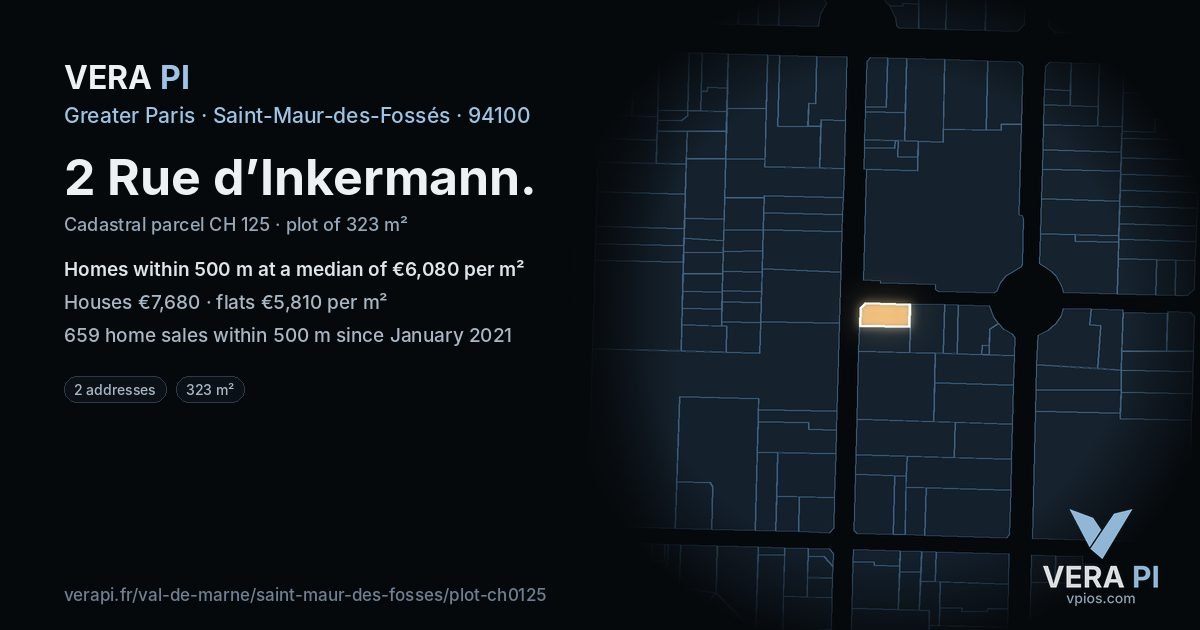 2 Rue d’Inkermann, Saint-Maur-des-Fossés at night – the plot lit, the parcels around coloured by the prices near them