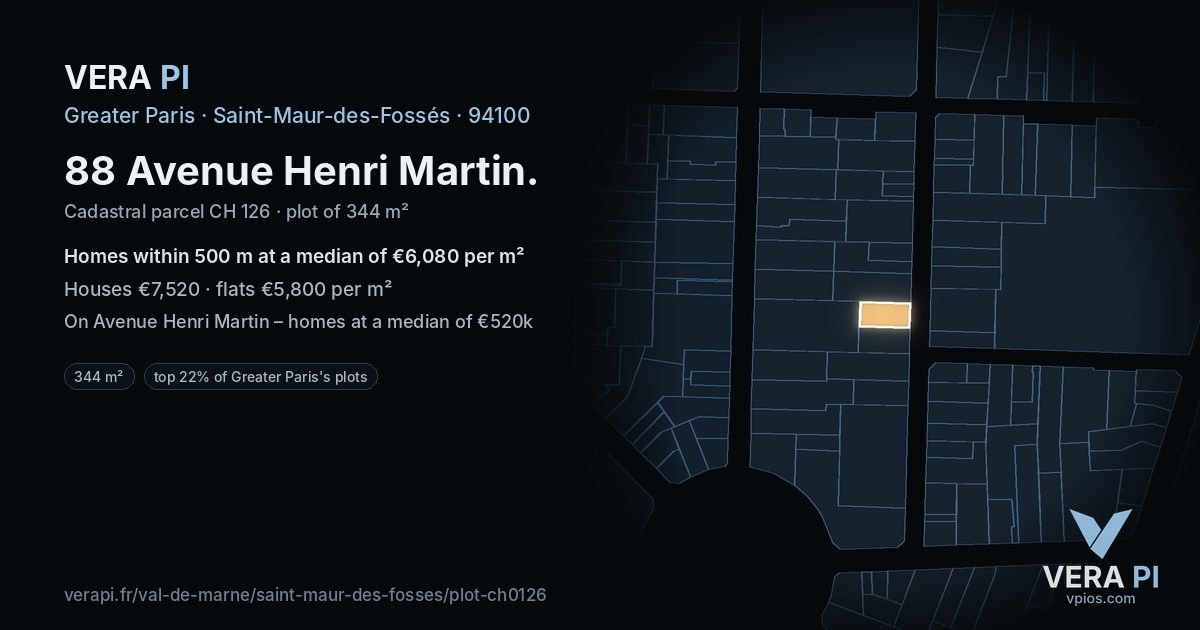 88 Avenue Henri Martin, Saint-Maur-des-Fossés at night – the plot lit, the parcels around coloured by the prices near them