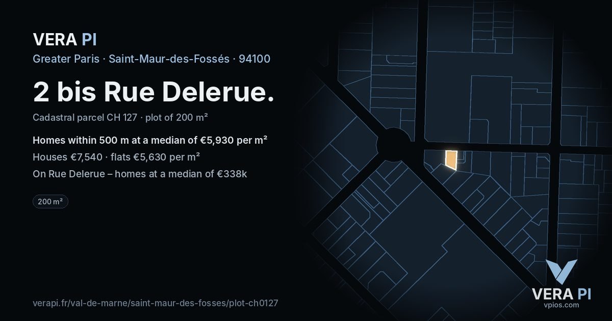2 bis Rue Delerue, Saint-Maur-des-Fossés at night – the plot lit, the parcels around coloured by the prices near them