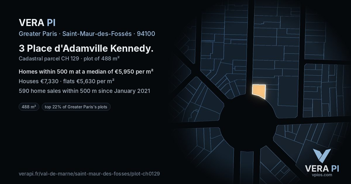 3 Place d'Adamville Kennedy, Saint-Maur-des-Fossés at night – the plot lit, the parcels around coloured by the prices near them