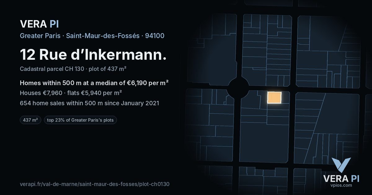 12 Rue d’Inkermann, Saint-Maur-des-Fossés at night – the plot lit, the parcels around coloured by the prices near them
