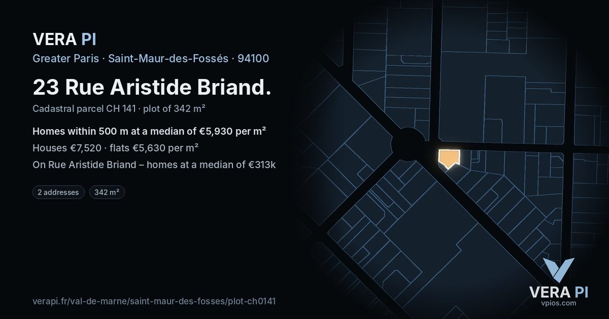 23 Rue Aristide Briand, Saint-Maur-des-Fossés at night – the plot lit, the parcels around coloured by the prices near them
