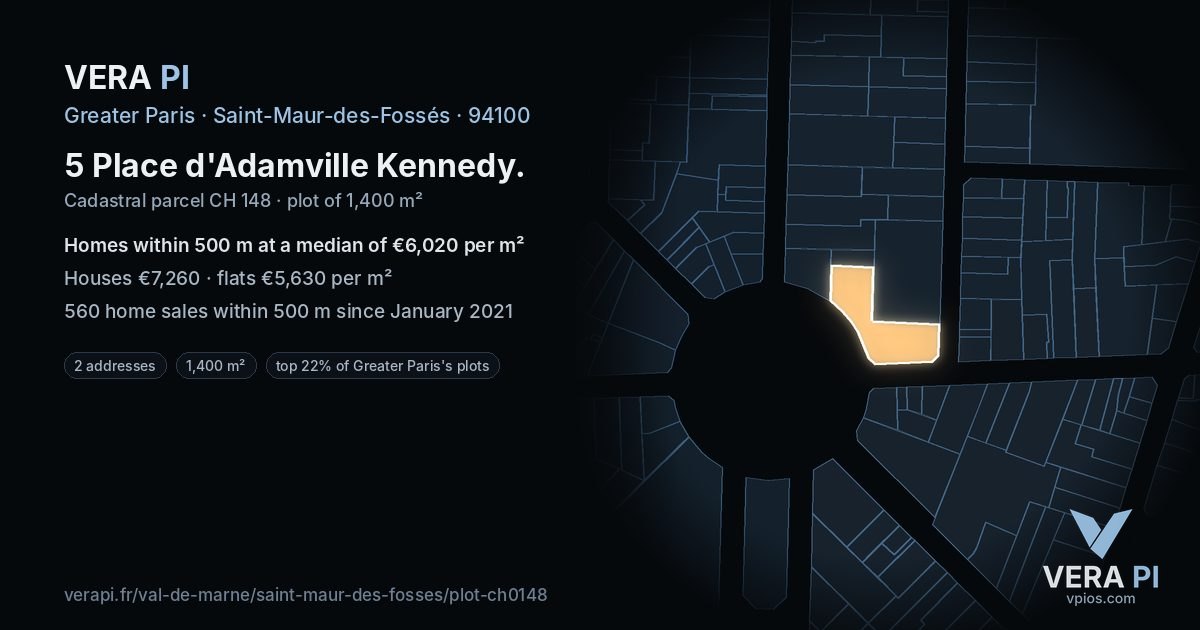5 Place d'Adamville Kennedy, Saint-Maur-des-Fossés at night – the plot lit, the parcels around coloured by the prices near them
