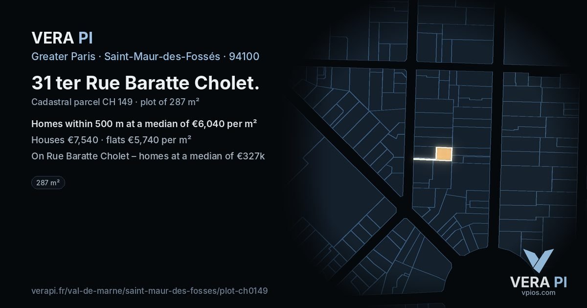 31 ter Rue Baratte Cholet, Saint-Maur-des-Fossés at night – the plot lit, the parcels around coloured by the prices near them