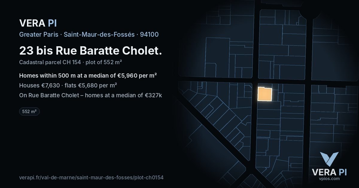 23 bis Rue Baratte Cholet, Saint-Maur-des-Fossés at night – the plot lit, the parcels around coloured by the prices near them