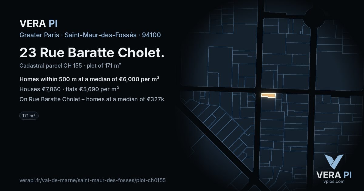 23 Rue Baratte Cholet, Saint-Maur-des-Fossés at night – the plot lit, the parcels around coloured by the prices near them