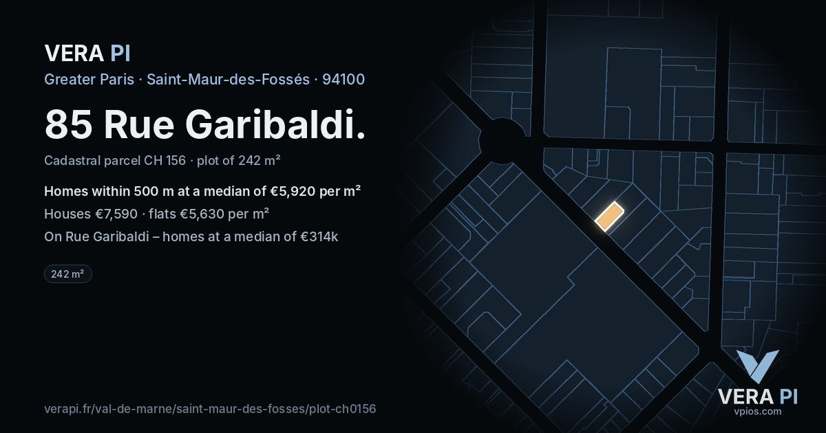 85 Rue Garibaldi, Saint-Maur-des-Fossés at night – the plot lit, the parcels around coloured by the prices near them