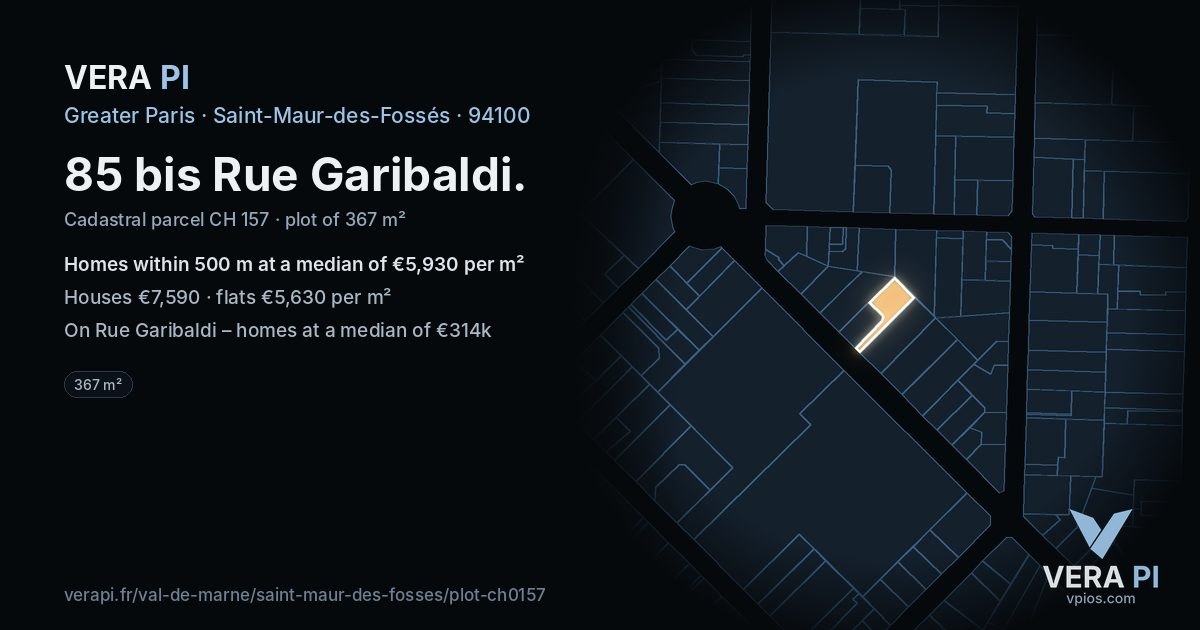 85 bis Rue Garibaldi, Saint-Maur-des-Fossés at night – the plot lit, the parcels around coloured by the prices near them