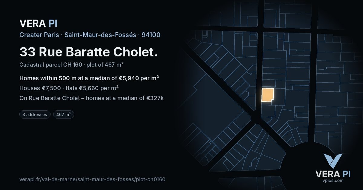33 Rue Baratte Cholet, Saint-Maur-des-Fossés at night – the plot lit, the parcels around coloured by the prices near them