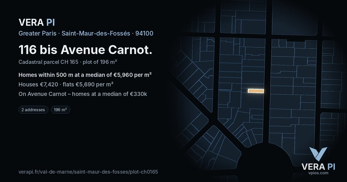 116 bis Avenue Carnot, Saint-Maur-des-Fossés at night – the plot lit, the parcels around coloured by the prices near them