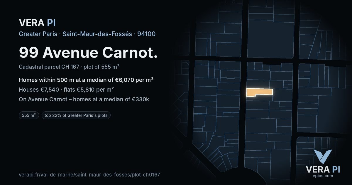 99 Avenue Carnot, Saint-Maur-des-Fossés at night – the plot lit, the parcels around coloured by the prices near them