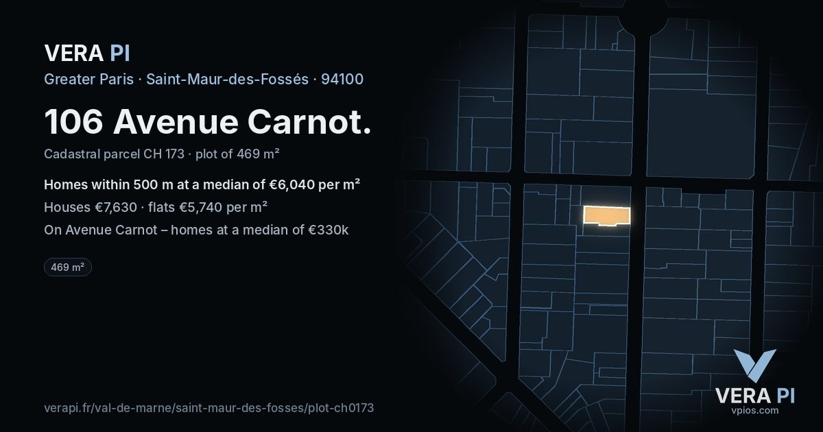 106 Avenue Carnot, Saint-Maur-des-Fossés at night – the plot lit, the parcels around coloured by the prices near them