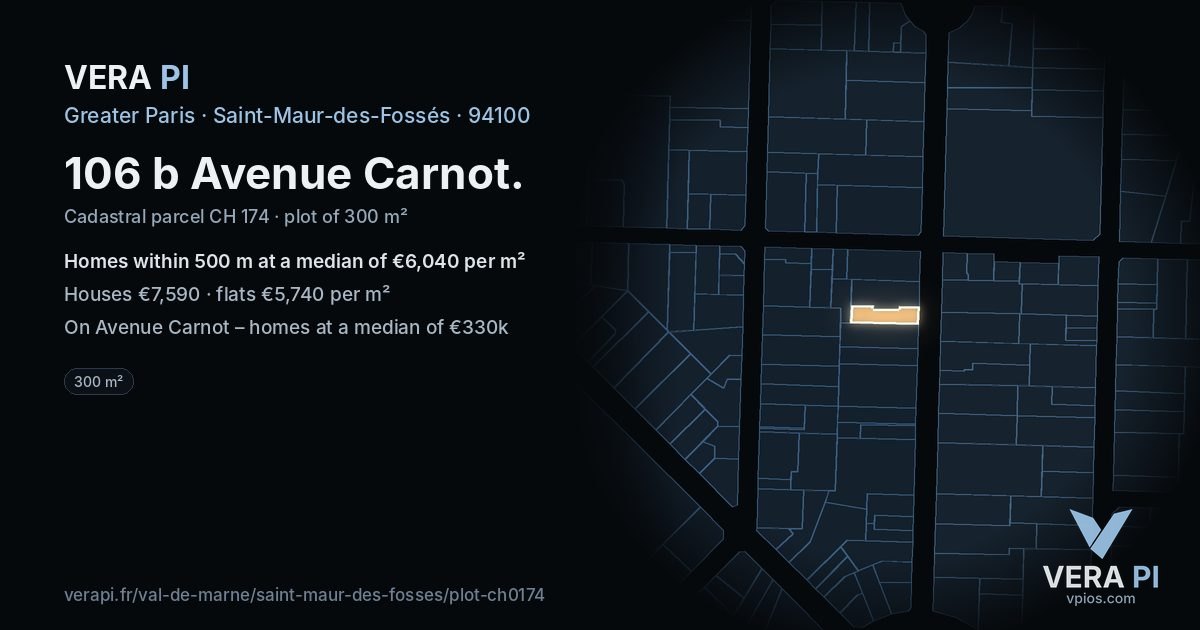 106 b Avenue Carnot, Saint-Maur-des-Fossés at night – the plot lit, the parcels around coloured by the prices near them
