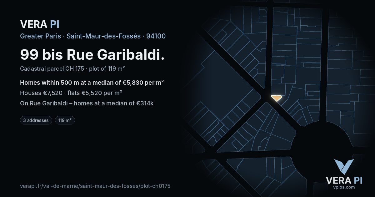 99 bis Rue Garibaldi, Saint-Maur-des-Fossés at night – the plot lit, the parcels around coloured by the prices near them