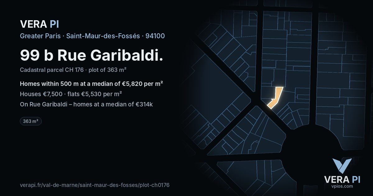 99 b Rue Garibaldi, Saint-Maur-des-Fossés at night – the plot lit, the parcels around coloured by the prices near them