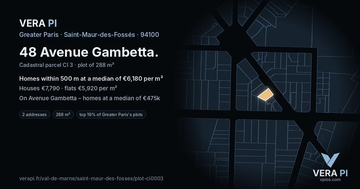 48 Avenue Gambetta, Saint-Maur-des-Fossés at night – the plot lit, the parcels around coloured by the prices near them