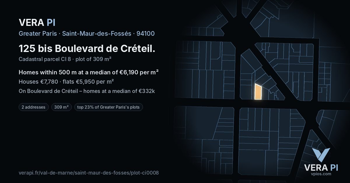 125 bis Boulevard de Créteil, Saint-Maur-des-Fossés at night – the plot lit, the parcels around coloured by the prices near them