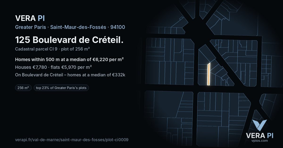 125 Boulevard de Créteil, Saint-Maur-des-Fossés at night – the plot lit, the parcels around coloured by the prices near them