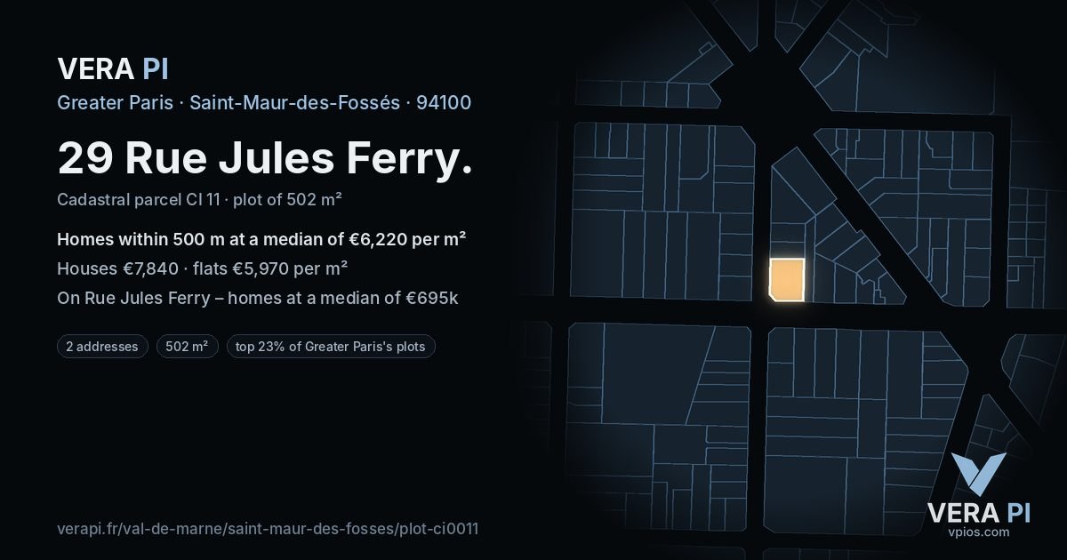 29 Rue Jules Ferry, Saint-Maur-des-Fossés at night – the plot lit, the parcels around coloured by the prices near them