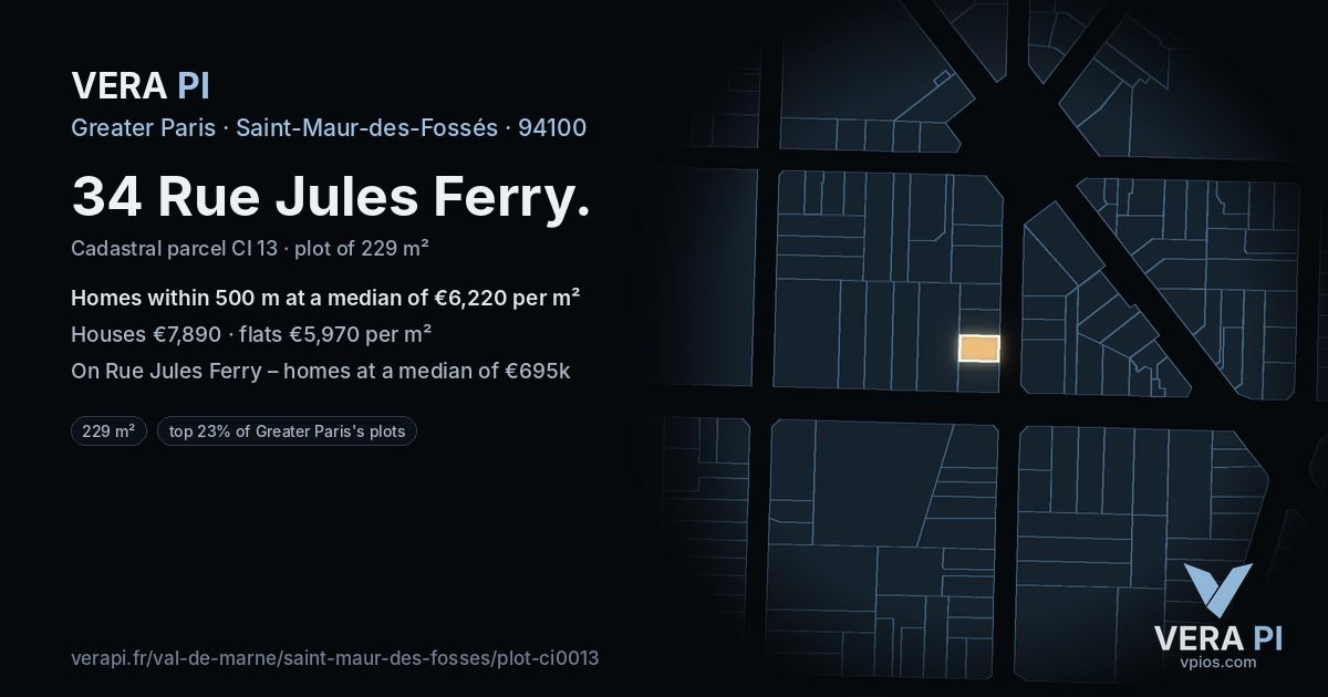 34 Rue Jules Ferry, Saint-Maur-des-Fossés at night – the plot lit, the parcels around coloured by the prices near them