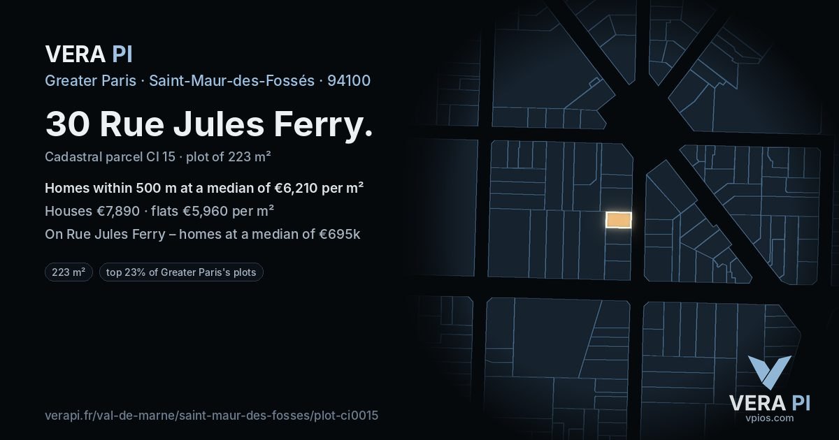30 Rue Jules Ferry, Saint-Maur-des-Fossés at night – the plot lit, the parcels around coloured by the prices near them