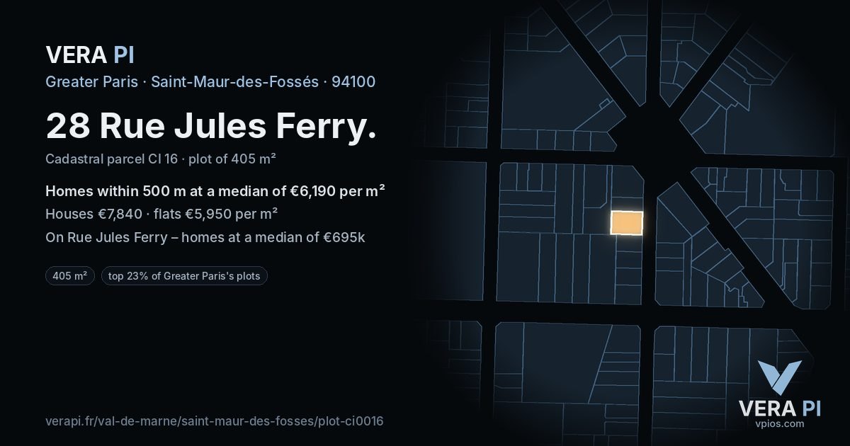 28 Rue Jules Ferry, Saint-Maur-des-Fossés at night – the plot lit, the parcels around coloured by the prices near them